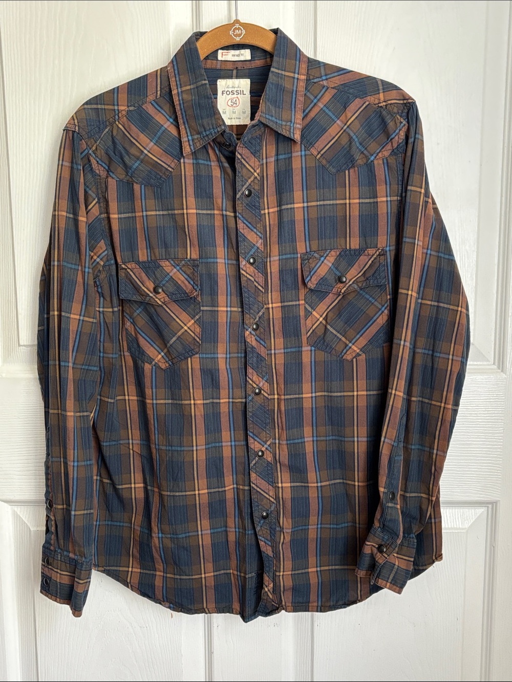 Fossil 54 Vintage Fit Western Long Sleeve Blue Brown Plaid Button-Down size M